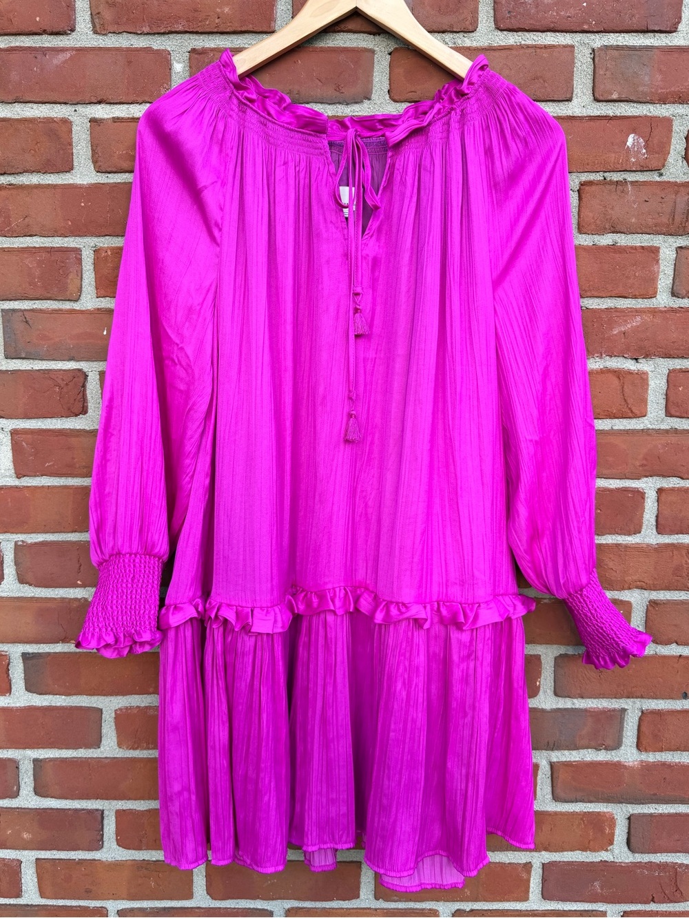 Anthropologie Fuchsia Long-Sleeve Satin Ruffle Dress